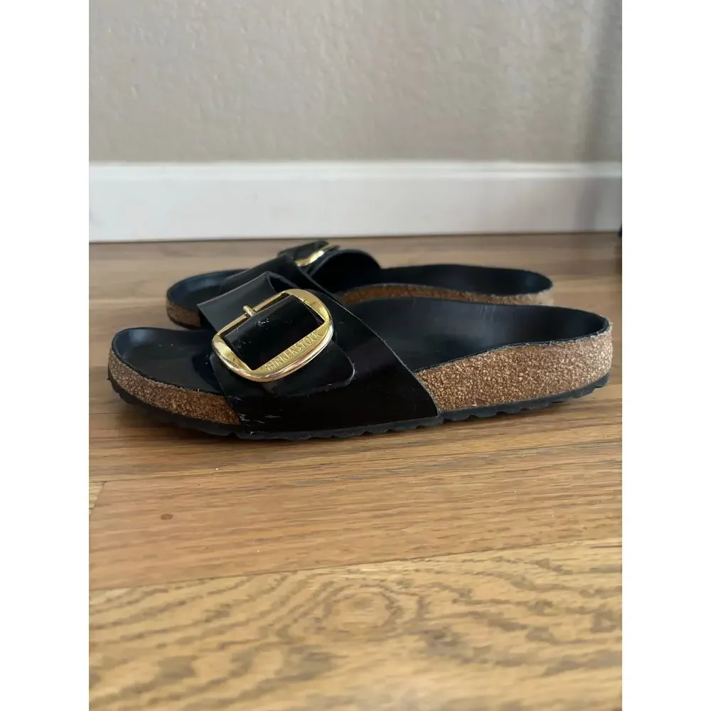 Birkenstock Madrid Big Buckle Sandals Black Leather Slip On Slide Women's Size 7